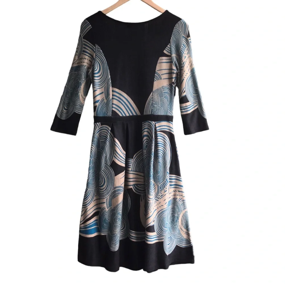 REBORN Boho Swirls Dress Pockets Size L Black Blue Art Deco 3/4 Sleeves Comfy